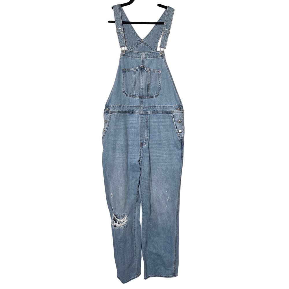 Old Navy Overalls Women 16 Tall Blue Denim Distressed Straight Leg Bib Cotton